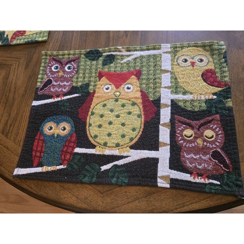 Set of 4 Owl Tapestry Placemats Fall Autumn Woodland Rustic Birds Table Linens
